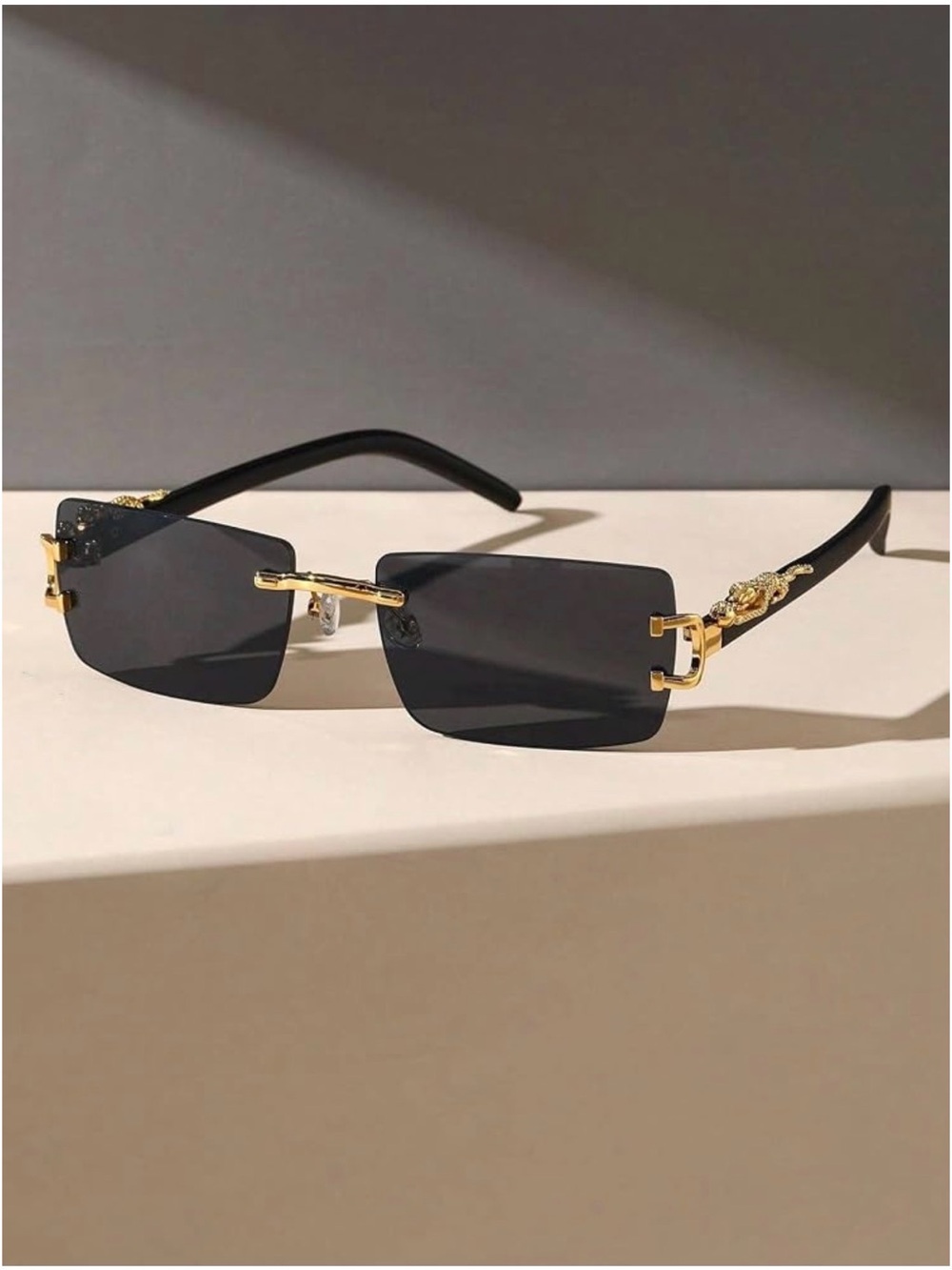 Gold Panther Rimless Rectangle Sunglasses Black Tinted Lens Y2K Hip Hop Shades